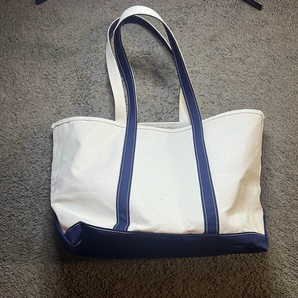 LL BEAN Boat And Tote Medium White Blue With Logo